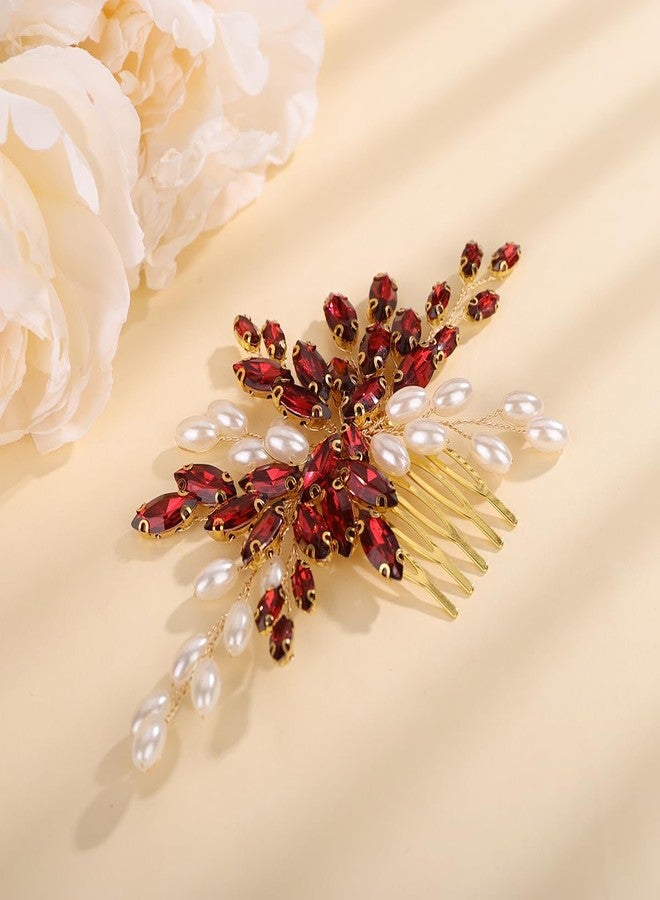 Xerling Pearls Rhinestone Hair Comb Wedding Hair Accessories Vintage Bridal Side Comb Floral Headpiece Hair Jewelry Multi Colors Head Piece for Women Brides (Wine Red) - Image 3